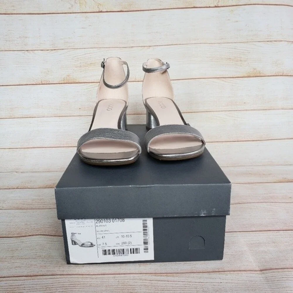 ECCO Elevate 45 Block Ankle Strap Leather Open Toe Sandals in Aluminum Silver